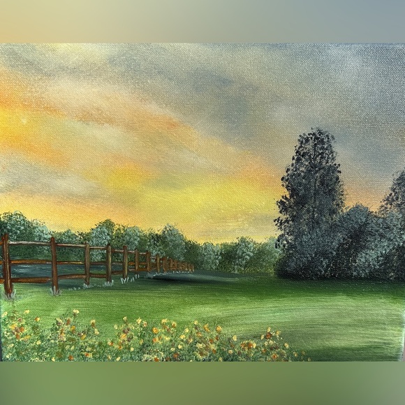 Handmade Other - Golden Sunset Meadow Canvas Art - Green and Yellow Landscape